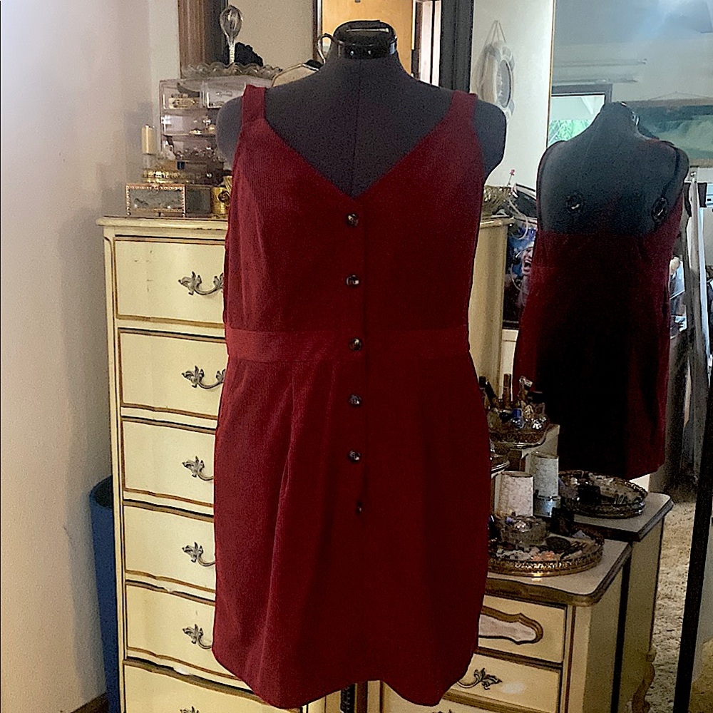 *Burgundy Red Button-Front- corduroy - jumper dress - pockets- 3X